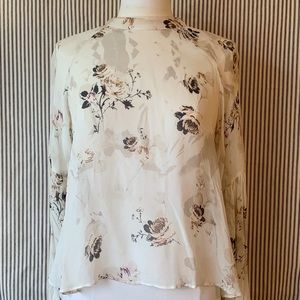 Sheer Blouse with Grey and Blush Flowers
